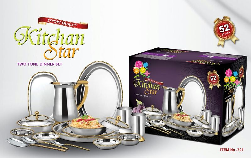 Stainless Steel Brass Border KItchan Star Dinner Set, for Hotels, Restaurant, Feature : Durable, Fine Finished