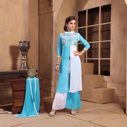 3/4th Sleeve Embroidered Georgette Kurti and Palazzo Set, Occasion : Party Wear