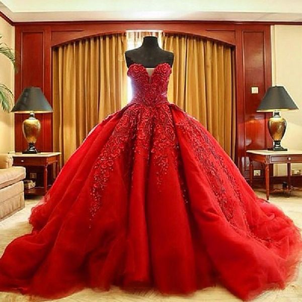 Red Prom Dresses VNeck Puffy Sleeves ALine Evening