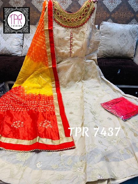 Chanderi silk embroidered gown wd neck beautiful work done TPR 7437