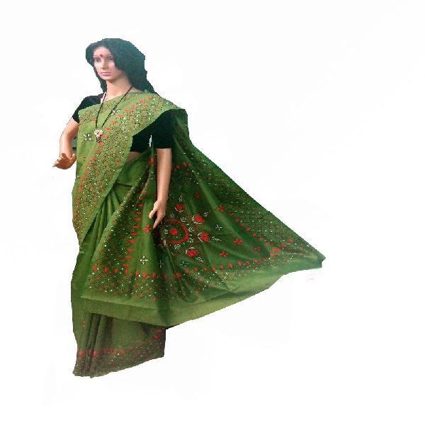 Green Kantha Stitch Art Silk Saree, for Festival Wear, Party Wear, Pattern : Plain, Printed