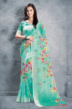 Printed linen saree, Occasion : Casual Wear, Party Wear