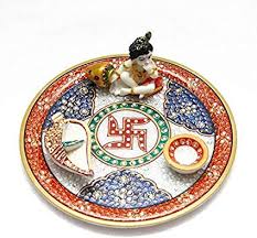 Oval Non Polished Aluminum Krishna Pooja plate, for Worship, Style : Antique, Royal
