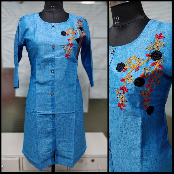 Embroidered Chiffon Blue Short Kurti, Size : XL