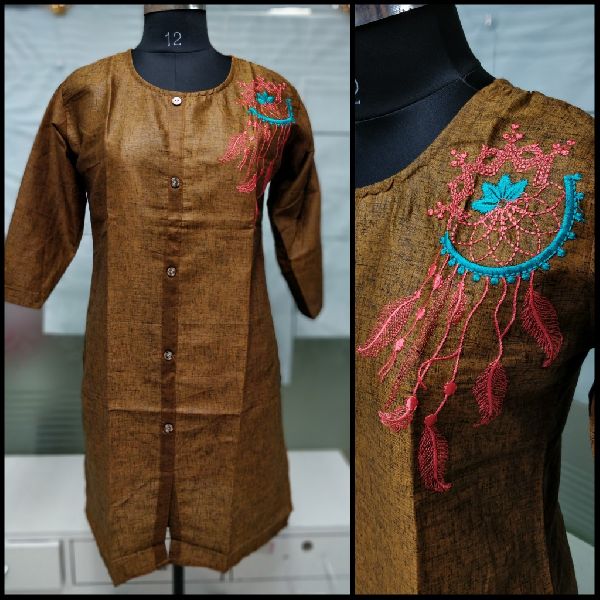 Embroidered Linen Brown Short Kurti, Size : XL