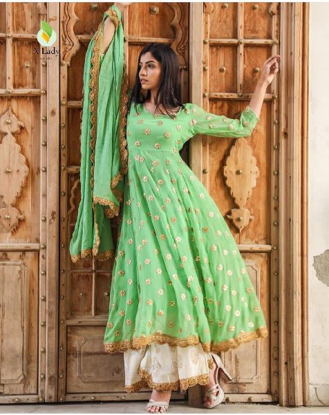 Chiffon Green Anarkali Suit, Size : M, XL