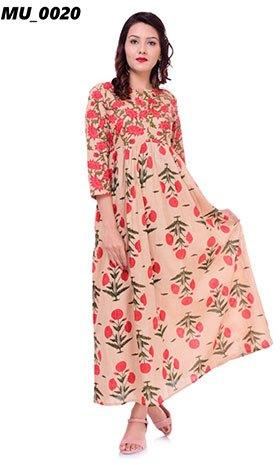 Round Floral Print Long Dress, Occasion : Party Wear