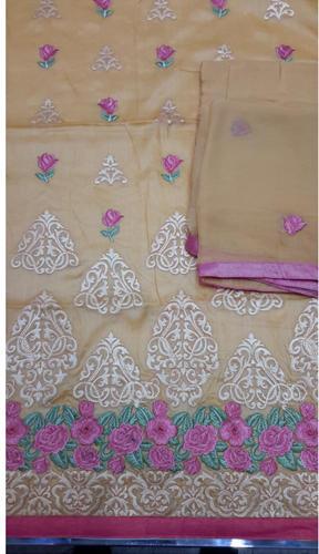 Embroidered Tussar Silk Suits, Color : Cream