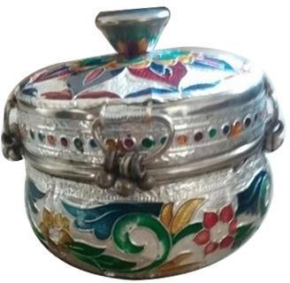 Round Silver Antique Kumkum Box, Color : Multicolor