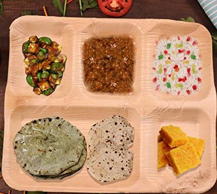 Rectangular Areca Leaf 5 Partition Plate, for Serving Food, Feature : Biodegradable, Light Weight
