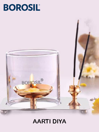 Borosil Glass & Brass Aarti Diya, for Home Decor, Pooja, Size : Multisize