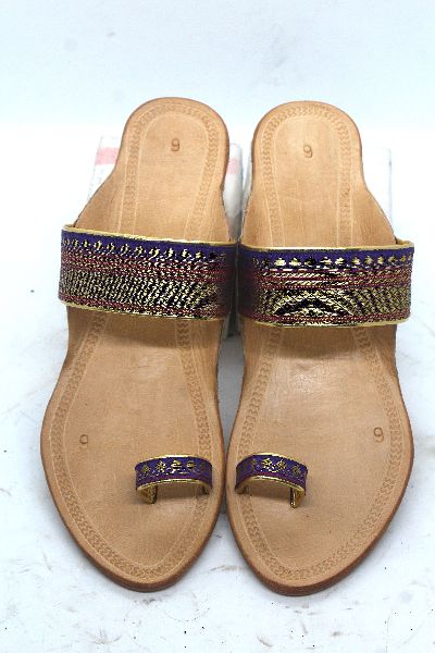 Blue Golden Paithani Box Heel Kolhapuri Chappal