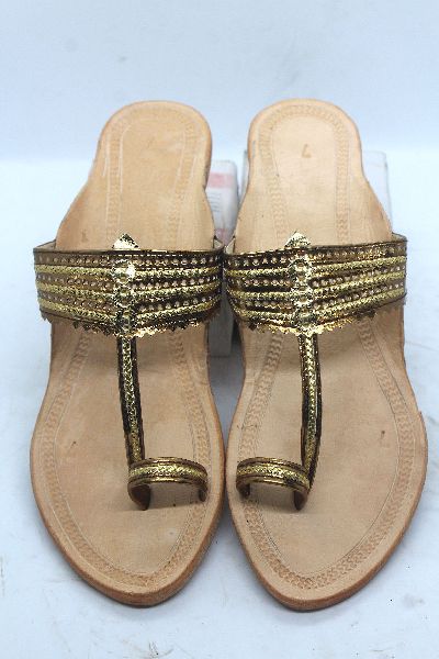 Ladies Golden Belt Box Heel Kolhapuri Chappal
