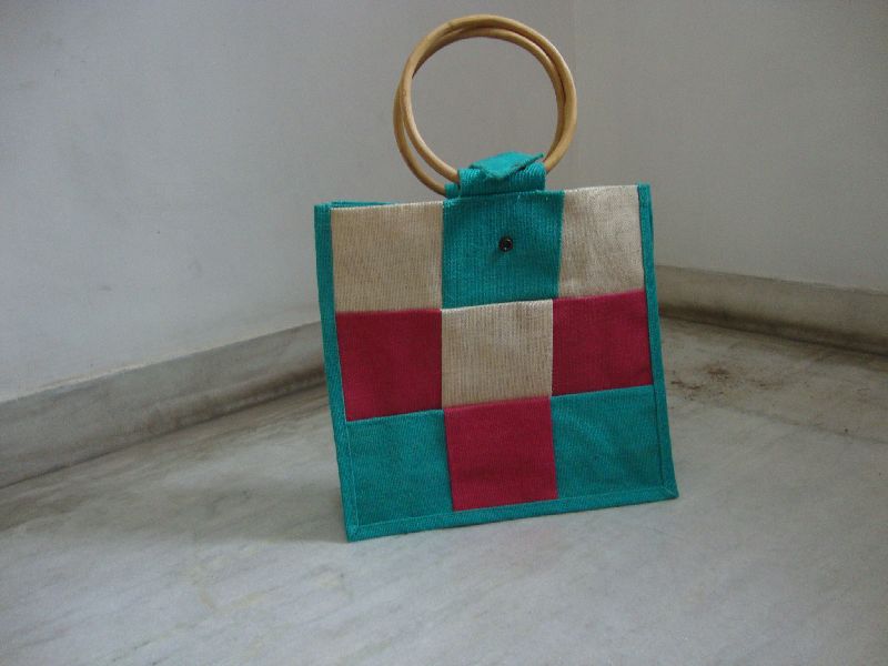 PRINTED JUTE BAG WITH CANE HANDLE