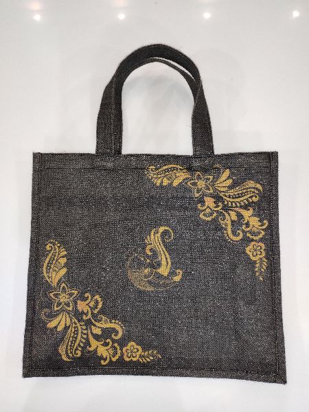 BLACK JUTE BAG WITH ETHNIC PRINT, for Daily Use, Packaging, Shopping, Size : Multisizes