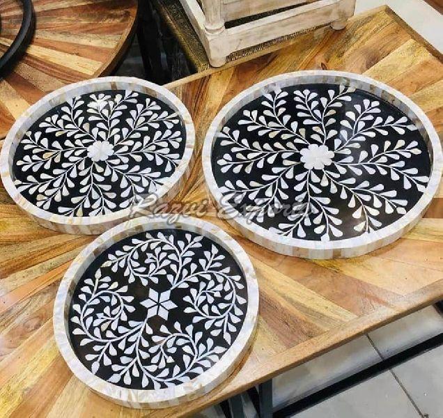 Bone Inlay Round Tray, for Serving Tea, Pattern : Printed