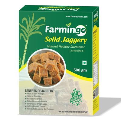 Farmingo Solid Jaggery Medicated Sweetener, for Tea, Feature : Safe Packaging
