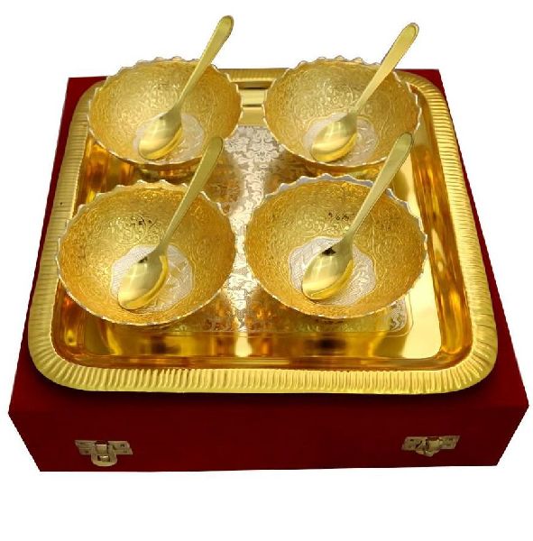 Brass Bowl & Tray Set, for Gift Purpose, Size : 4x4X3.5 Inch