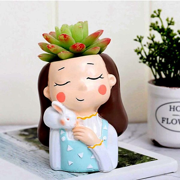 Girl with Rabbit Resin Pot, Color : Multicolor