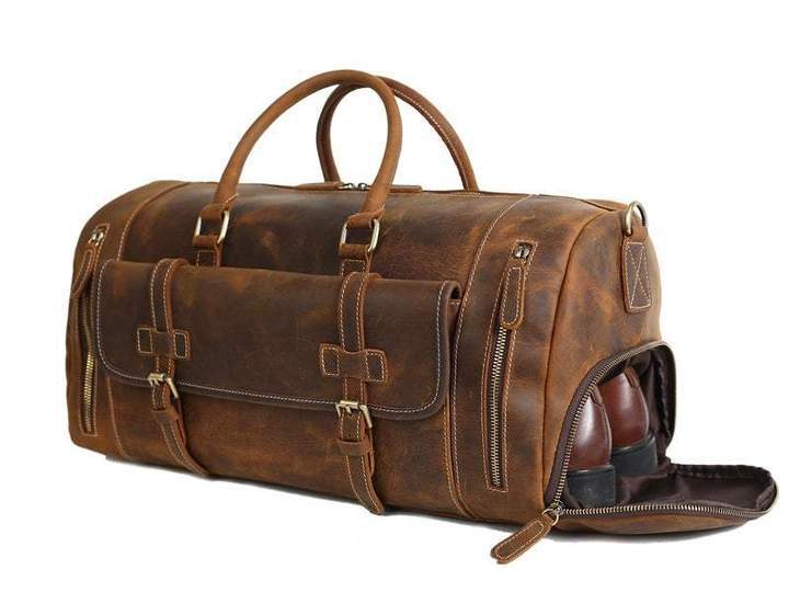 Prastara Handmade Leather Duffle Bag, Pattern : Plain, Shape ...