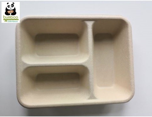 Hard Bamboo 3 Compartmental 800ml Container, for Food Packaging