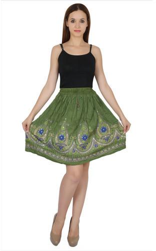 Jaipuri Figures Cotton Green Short Skirt, Size : Small, Medium, Large, XL