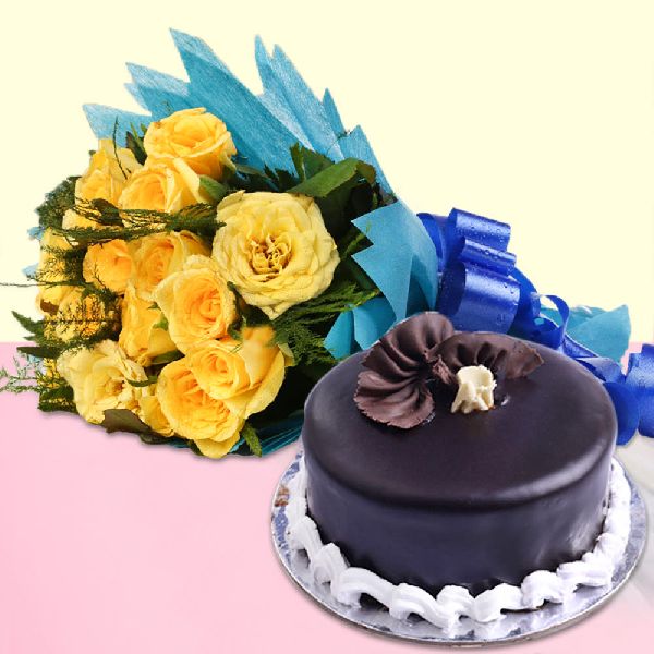Yellow Roses And Chocolate Cake