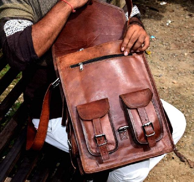 Handcrafted Brown Leather Backpack, Pattern : Plain