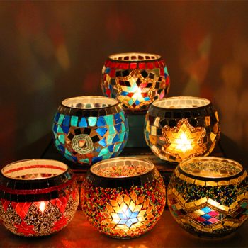 Round Brass Glass Mosaic Candle Holder, for Home Decoration, Size : Standard