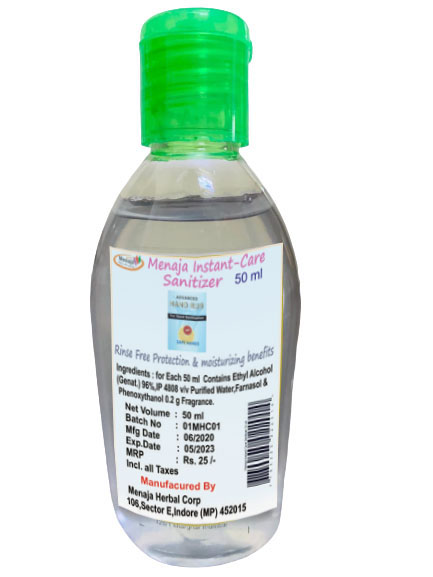 Menaja Instant Care Sanitizer 50 ml, for Hand Cleaning, Form : Liquid