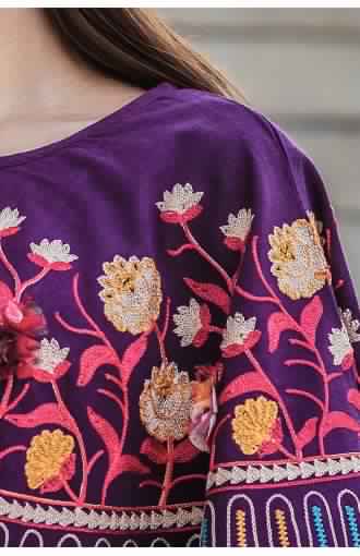 Multi Checks Frill Purple Embroidered Poncho