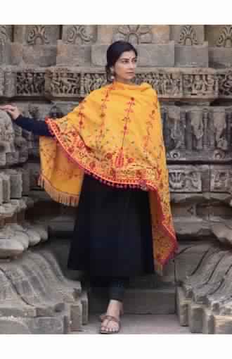 Mustard Floral Aari Embroidered Khadi Dupatta