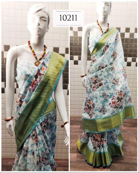 HANDLOOM LINEN SAREE, for Dry Cleaning, Easy Wash, Pattern : Printed