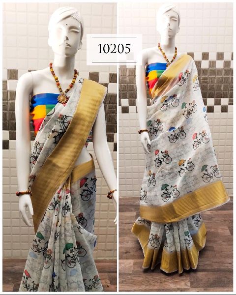 HANDLOOM LINEN SAREE, for Dry Cleaning, Easy Wash, Pattern : Printed