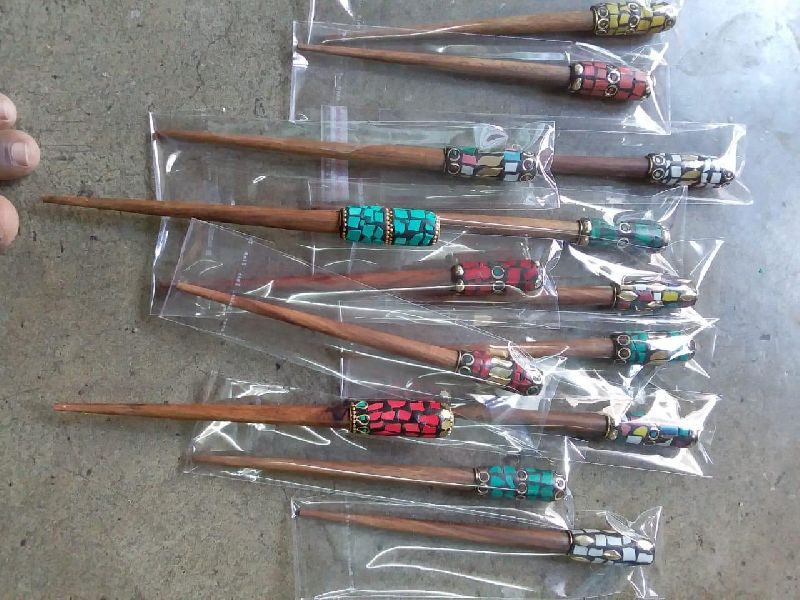 wooden hair stick with chips Stone work Tibetan style