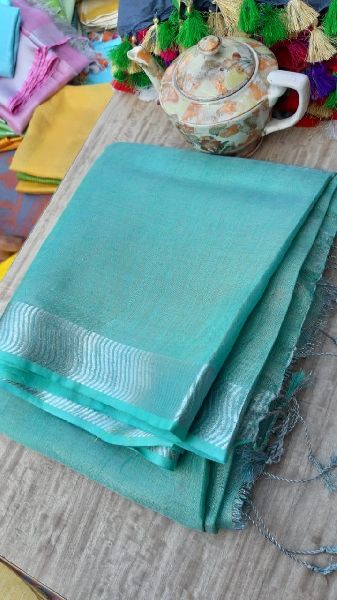 Tissue linen saree, Color : Blue