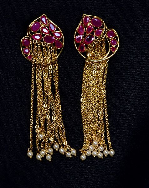 Antique Design Pink CZ Long Earring, Feature : Alluring Look, Corrosion Proof, Fine Finishing, Good Quality