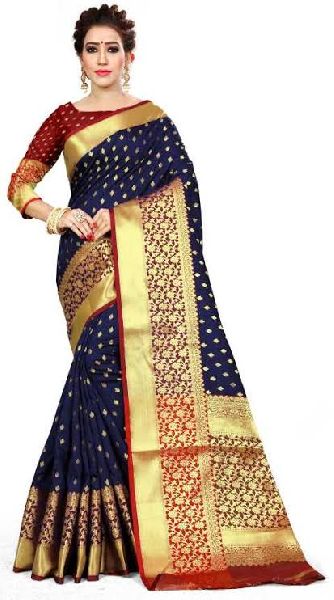 Polyester Embroidered banarasi satan shoulder saree, Occasion : Party Wear, Wedding Wear