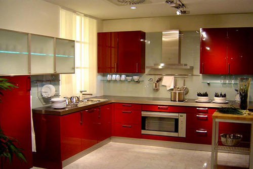 Polished Wooden Designer Modular Kitchen, for Home, Hotel, Restaurent, Feature : Accurate Dimension