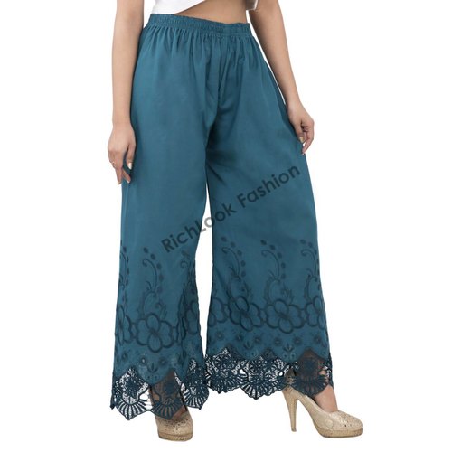 Cotton Lucknowi Palazzo Pants With Chikankari  Sequins  Cutwork Work   Exotic India Art