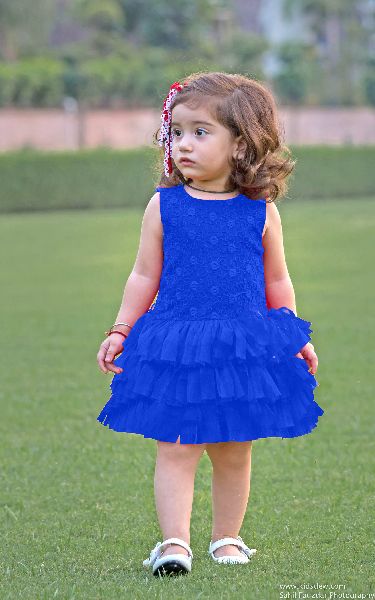 Blue Embroidered Kids Wear Baby Sleeveless Net Party Frock, Half