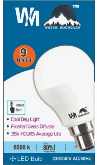 White Mountai™ Round 9watt LED BULB, for Home, Mall, Hotel, Office, Voltage : 220V