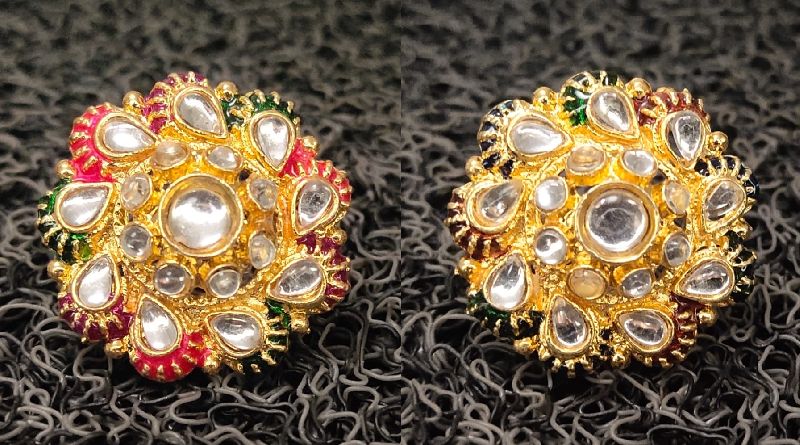 Stylish & Traditional Gold-Plated Kundan Ring, Feature : Durable, Fine Finishing, Perfect Shape