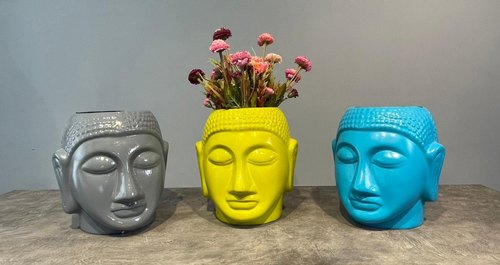 Multicolor Buddha Face Fiber Flower Pot, for Plantation, Style : Antique