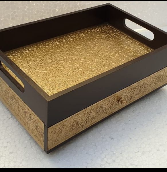 Rectangular Decorative Wood and Metal Tray, for Serving, Gifting, Size : 30x20 cm