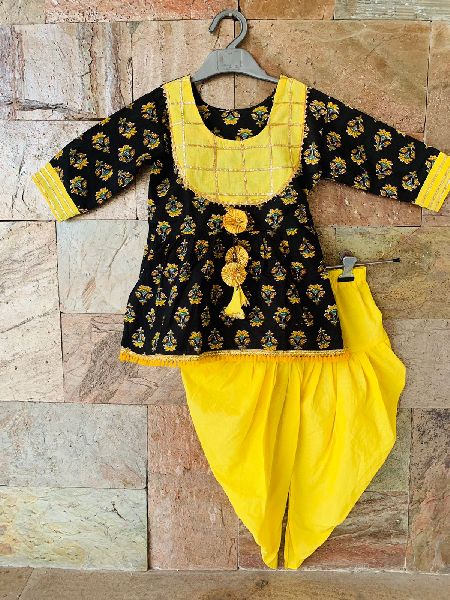 Charming Yellow Cotton Kediya and Dhoti For Little Girls