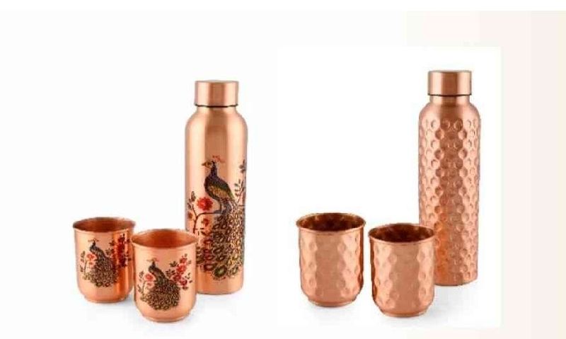 Copper Bottle & Glass Set, for Home, Hotel, Restaurant, Color : Brown