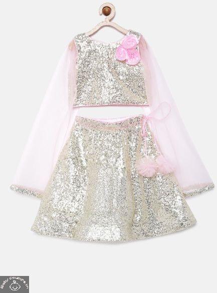  Sequins Girls Lehenga Choli, Color : Pink, Silver