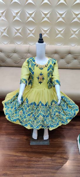 Round Neck Embroidered Party Wear Frock, Age : 3-5 Years, 5-7 Years, 7-9 Years, 9-12 Years