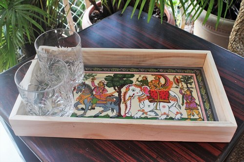 Advaita Handicrafts Polished Decorative Wooden Tray, for Home, Shape : Rectangle